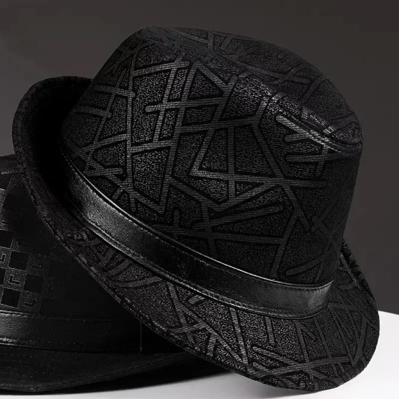 Winter Genuine Leather Suede Print Black GeometryTop Hats For Men/Women British Gentlemen Wide Brim Stetson Fedoras 55-60cm Fitt