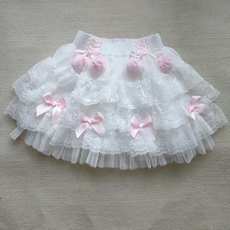 Cute Multilayered Lace Skirts for Sweet Girls Summer Bows Decoration Elastic Waist Lolita Style White Skirt Kawaii Clothes