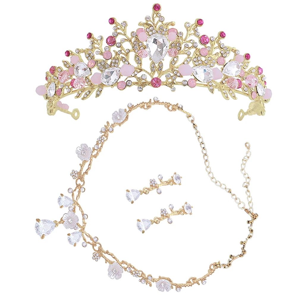 

1 set Crown Necklace Ear Clip Set for Little Girl Birthday Party Princess Tiaras Rhinestone Crown Headb Toddler Tiaras Kids