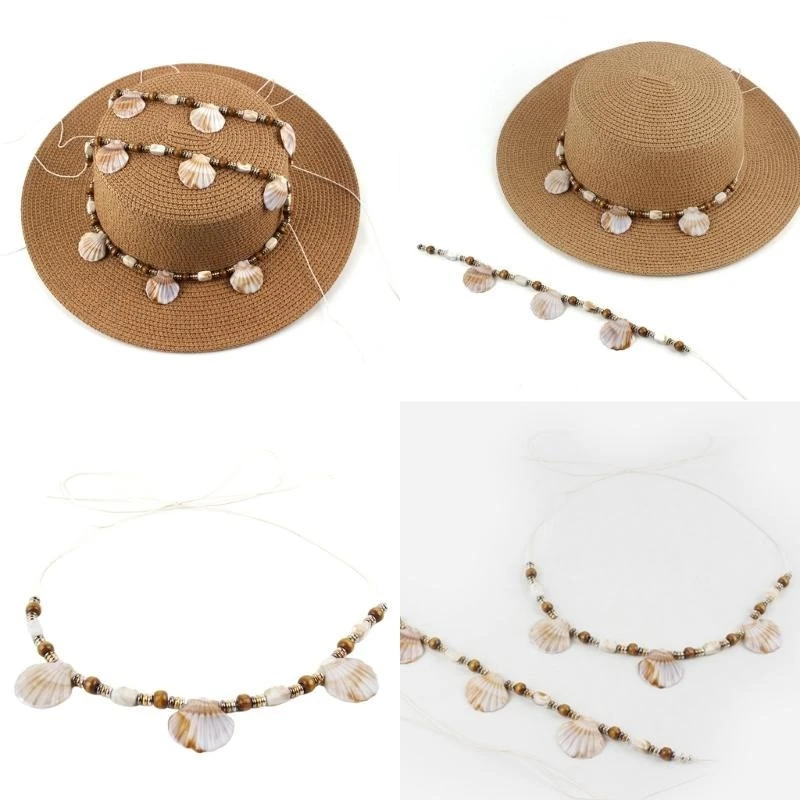 5asd gỗ đính cườm cho đội mũ rơm trong dây đeo dây đai với vỏ sò biển có thể điều chỉnh chiếc mũ thay thế ban nhạc thay thế