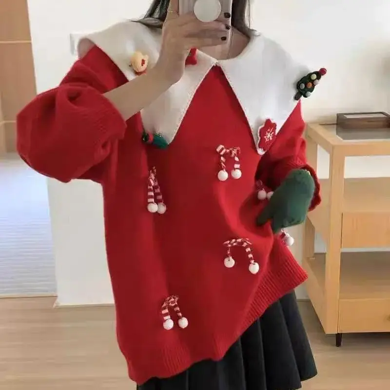 

Hsa Sweet Winter Christmas Sweater for Women Autumn and Winter New Lazy Doll Neck Bow Kawaii Y2K Pullovers Knitted Top