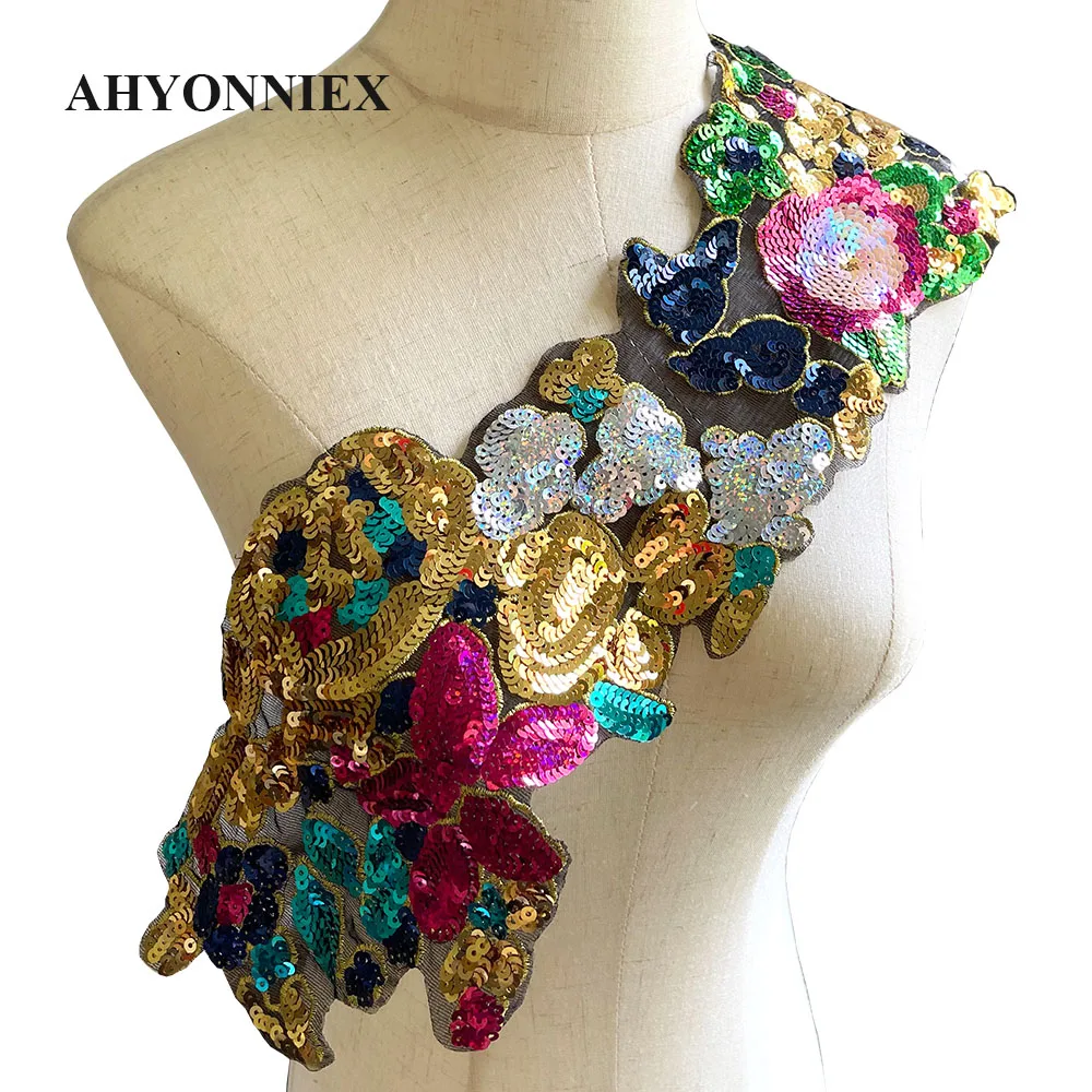 AHYONNIEX Large Size 50.5cm X 14cm Patch Long Sequins Flower Strips Clothing Accessories DIY Applique Sequined Sew On Parches