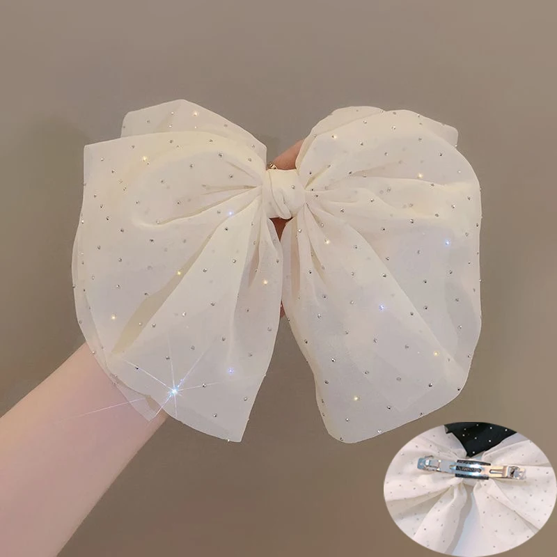 1/2pcs Rhinestone Black and White Mesh Large Bow Hair Clip for Woman Elegant Hairpin Fashion Girl Duckbill Clip Hair Accessories view 6