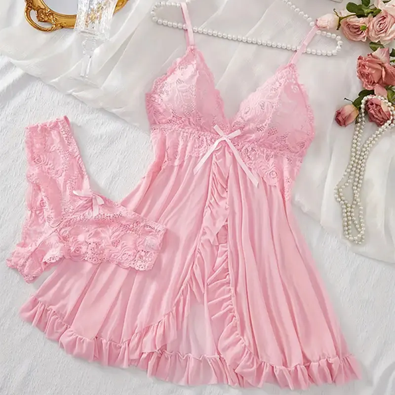 Hot Set Summer Thin Women's Homewear Tulle Sheer Night Dress Women Pajama Lingerie Free Thong Big Nightgown Deep V Sleep Shirts