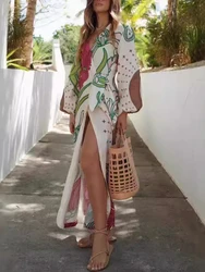 2024 Summer Fashion New Women's Elegant Printed Sexy Vacation Beach Ethnic Style Long Sleeve Cardigan Loose Long Skirt