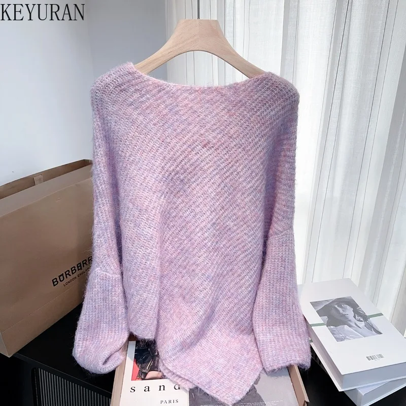 Suéteres rosas con mangas de murciélago y flores en 3D para mujer, jerséis elegantes holgados Vintage, Tops de punto, Otoño/Invierno