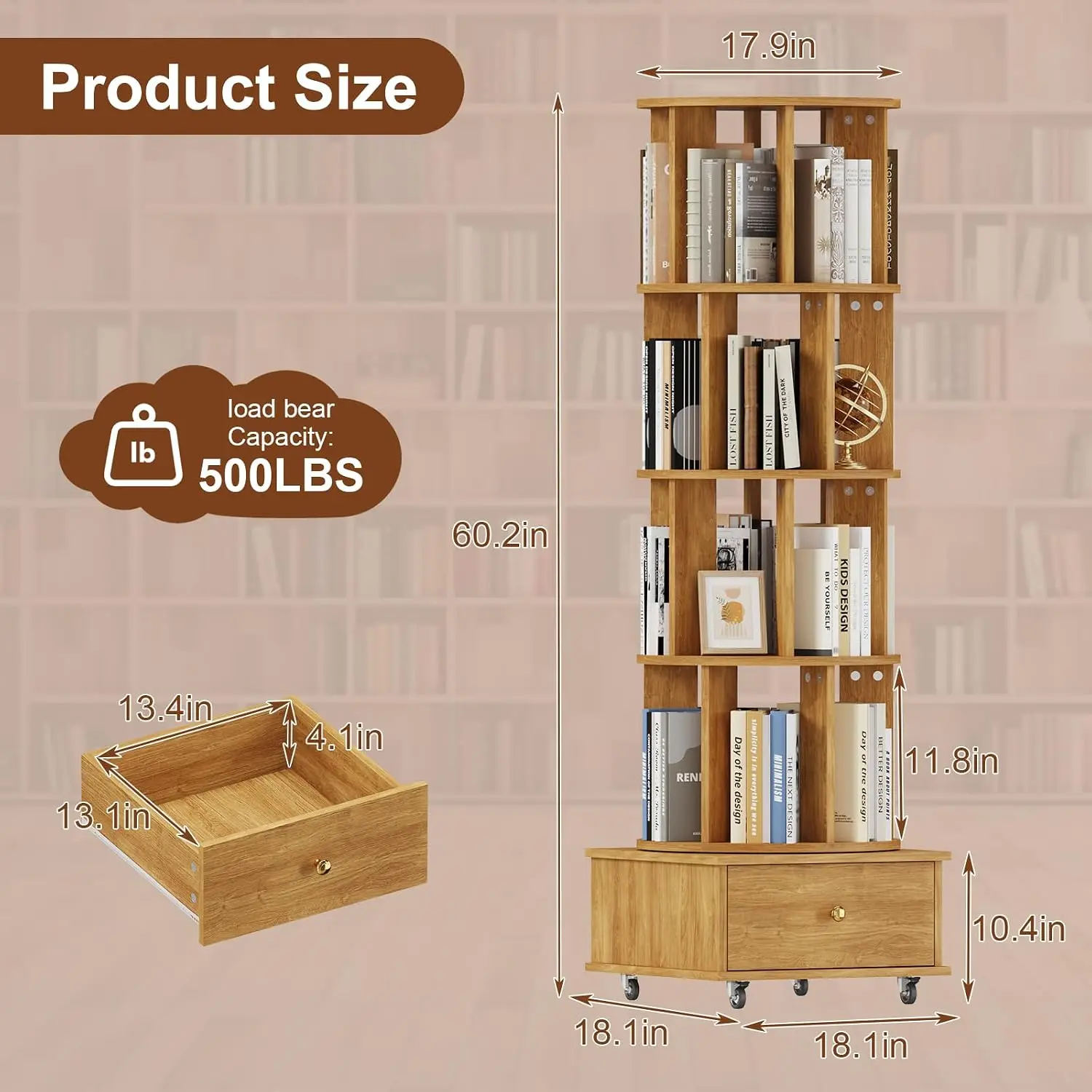 Rotating Bookshelf Drawers Wheels 360 Spinning Corner Bookcase Solid Wood Storage Tower Organizer Bedroom Home Office,Customized