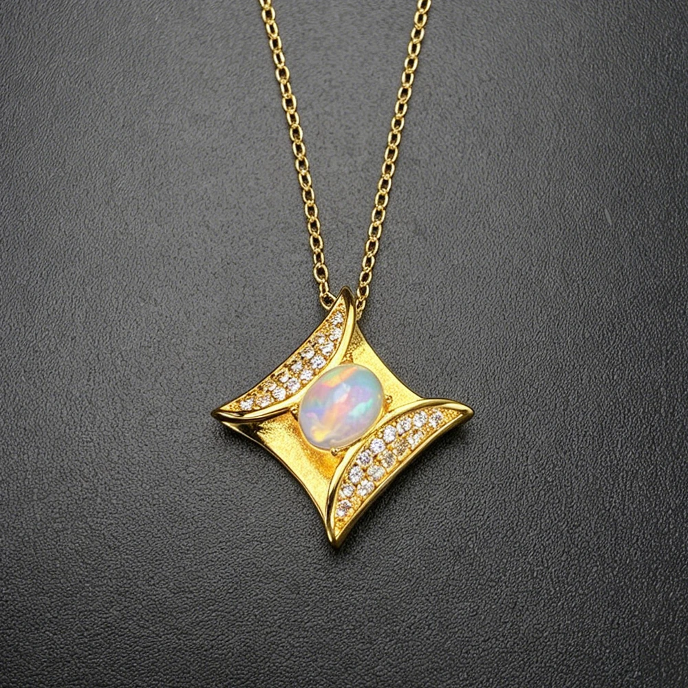 Trendy Gorgeous October Birthstone Natural Opal Pendants Necklace 18K Yellow Gold for women Anniversary Engagement Jewelry Gift