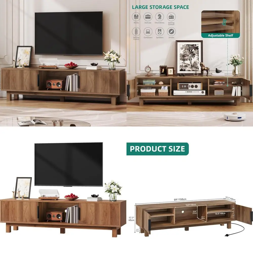 حامل تلفزيون مخدد لأجهزة التلفاز حتى 65 بوصة، مركز ترفيه مع منافذ طاقة ومقصورات تخزين، شركة تلفزيون خشبية طويلة 59 بوصة
