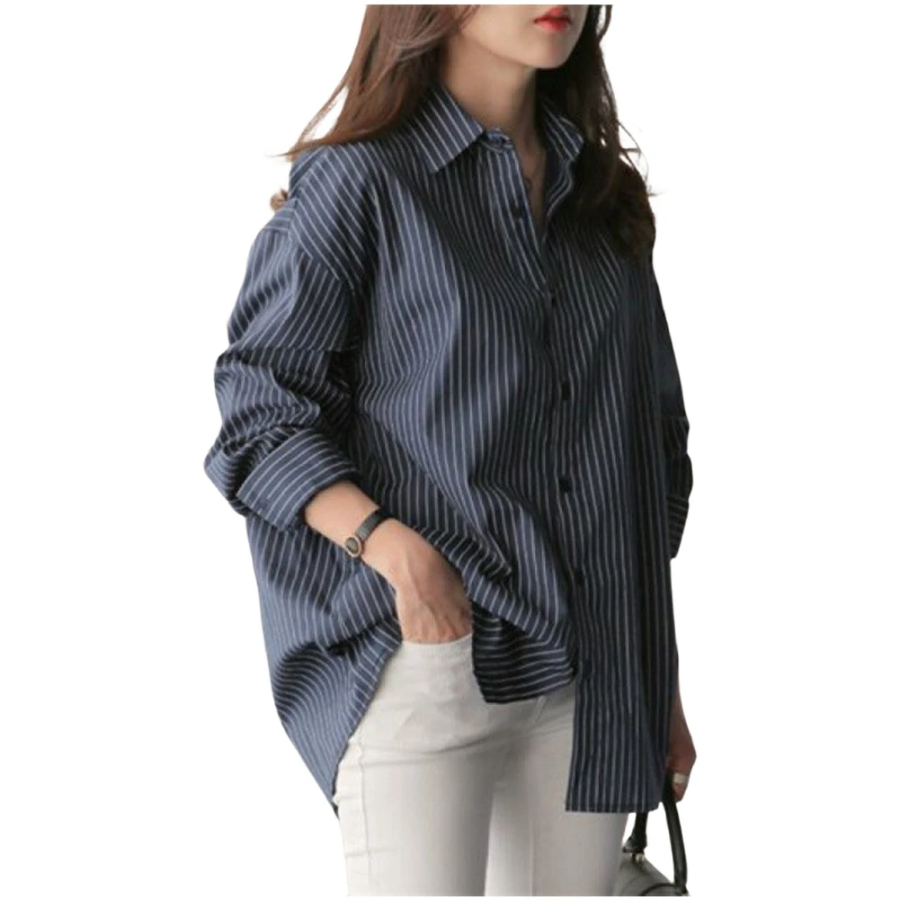 قميص نسائي كاجوال مخطط فضفاض مناسب بلوزة كبيرة الحجم بأكمام طويلة نمط الشارع مريح للفصول المتعددة
