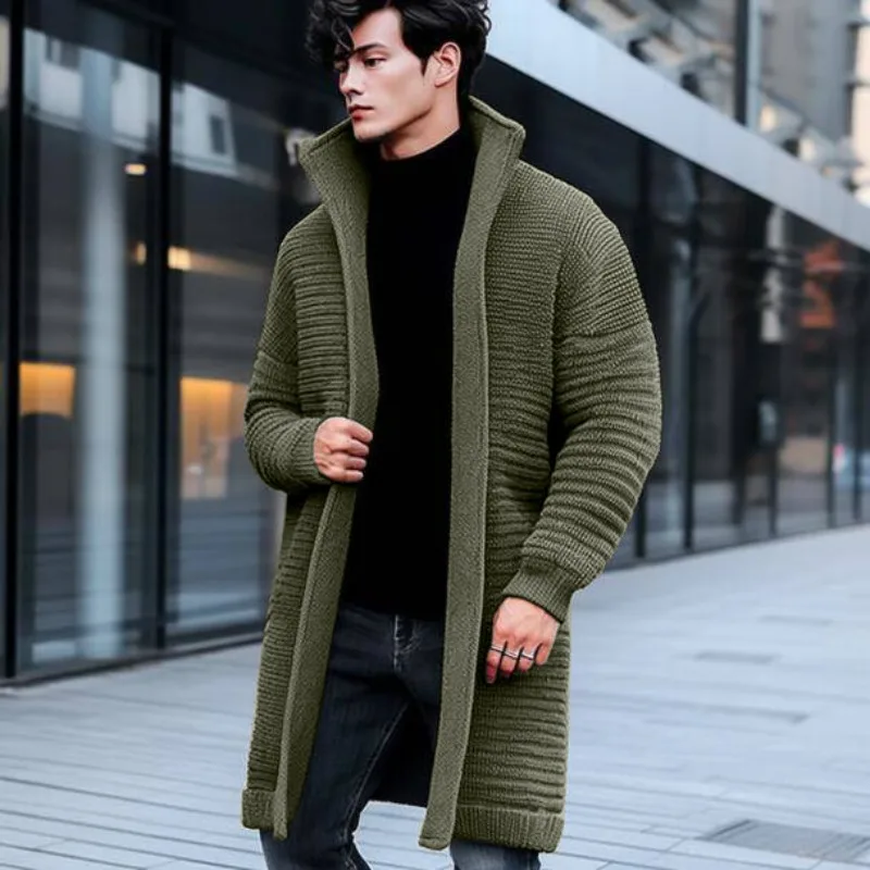 New Men's Clothing Medium And Long Sweater Jacket Autumn And Winter Lapel Solid Color Knitted Cardigan