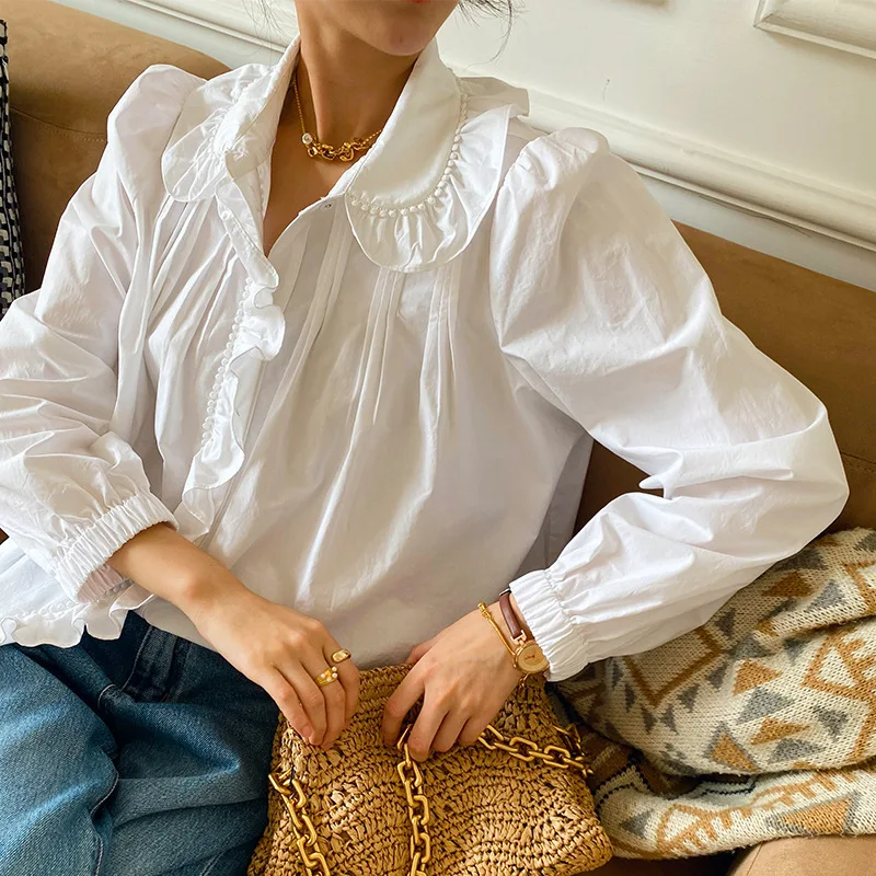 

White Long Sve irt Autumn New Sle Women's Faion European Sle Small Fraance Wind Loose Cotton Bubble Sve irt