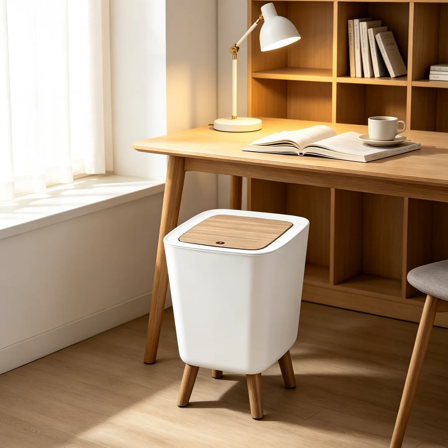 Decorative Square Lidded Trash Can with Stand Legs, Push‑Open Plastic Garbage Bin for Bedroom, Bathroom, Kitchen, Airbnb Dorm