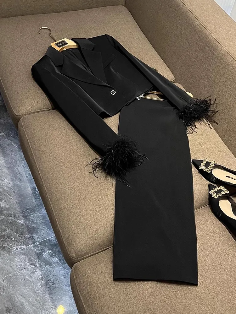 

Новинка Faion, высококачественный цвет страусиных перьев, длинный свеч, утягивающий женский костюм с юбкой, комплект D95, комплект для поездок на работу