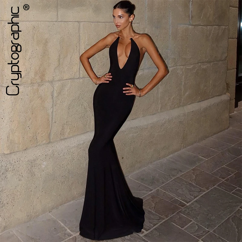 

Cryptographic Halter Deep-V Maxi Dresses Wrap Around Halter Halter Neck Plunge Solid Sexy Backless Mermaid Party Long Dress