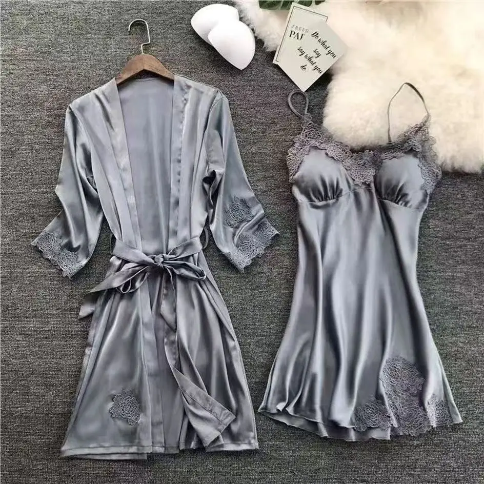 Spring and autumn two sexy women's pajamas set women's silk sexy slip dress long sleeved nightdress women summer