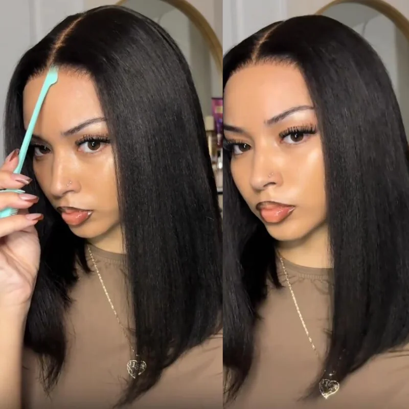 

Klaiyi Yaki Straight Short Bob Wig with Drawstring 7x5 Pre Cut Lace 150% Density Natural Black Human Hair Wig