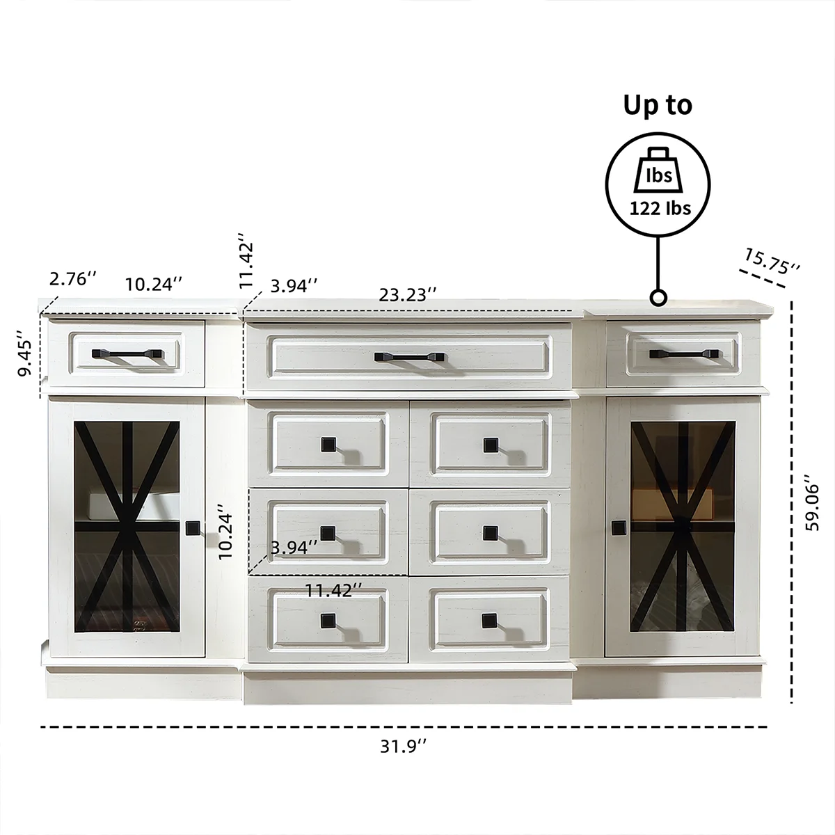 Grandes commodes avec 9 tiroirs, armoire TV avec étagères réglables, portes en verre pour vitrine, blanc et blanc antique avec rouge.