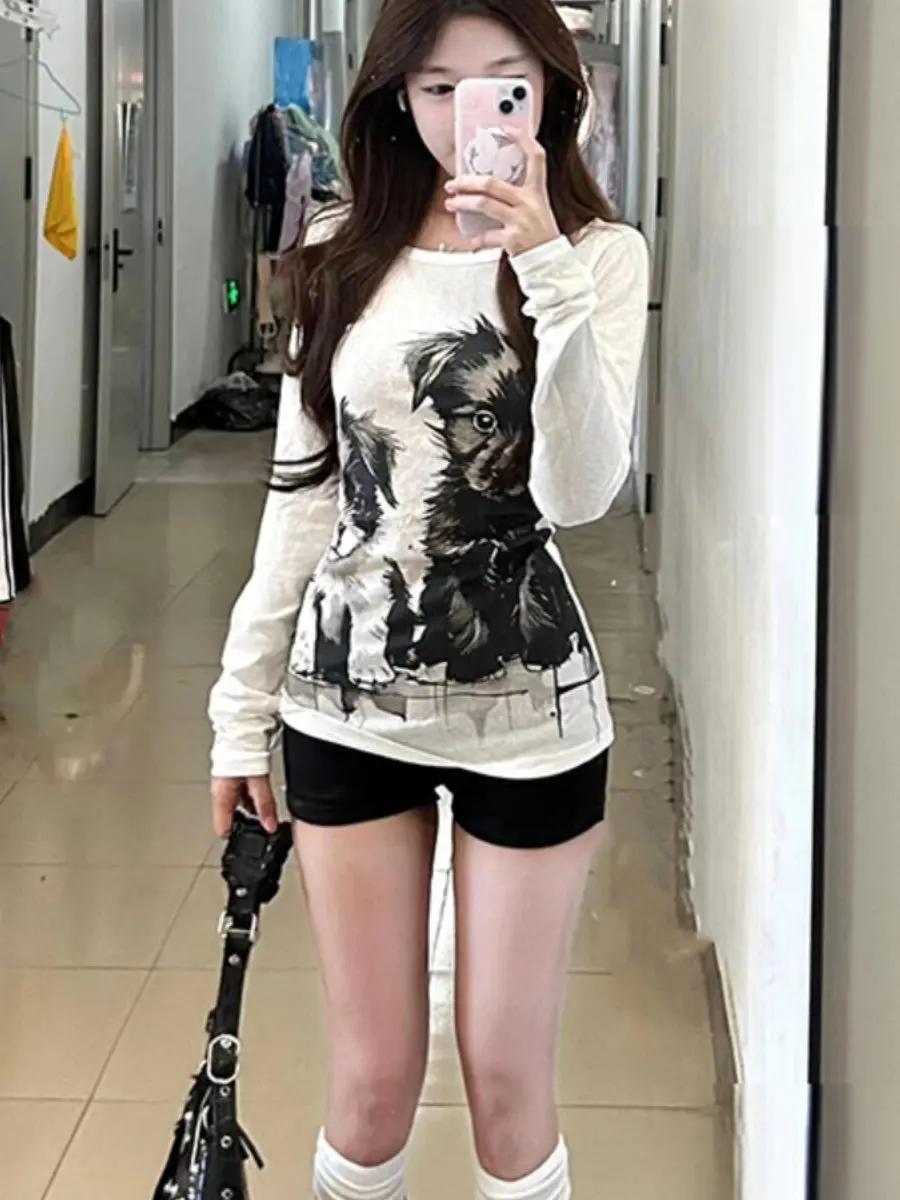 Slim Fit Long Sleeve Printed Top for Women Casual Style Thin Material Hot Girl Vintage Atmosphere T-Shirt High Waist round Neck