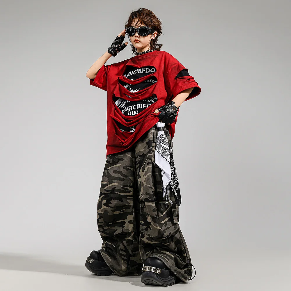 Kid KpopClothing Red Letters Ripped T Shirt Black Camouflage Pants for Girl Boy Hip Hop Dance Wear Costume Clothes