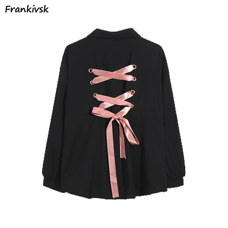 Shirts Women Bandage-design Y2k Streetwear Long Sleeve All-match Loose Spring Autumn Korean Style Slouchy Turn-down Collar Daily