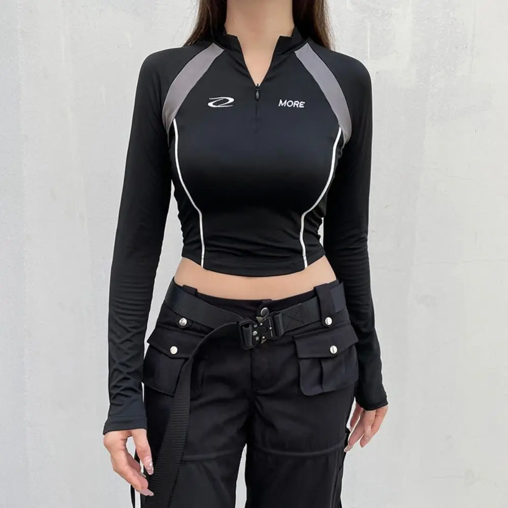 

Casual Long Sleeve Y2k Crop Tops Skinny Techwear V Neck Tight Crop Top Black Girls Streetwear Girls