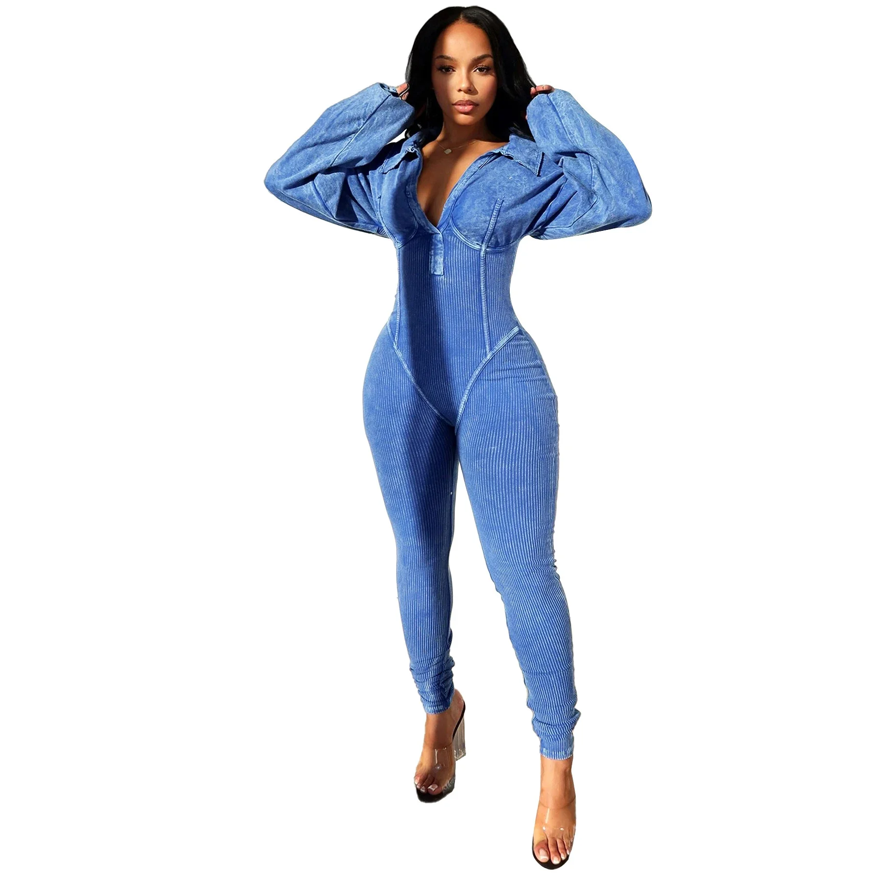 Prowow Fashion Women's Jumpsuits Solid Color High Waist Long Sleeve Female Clothing Turn-down Collar One-piece Romper Outfits