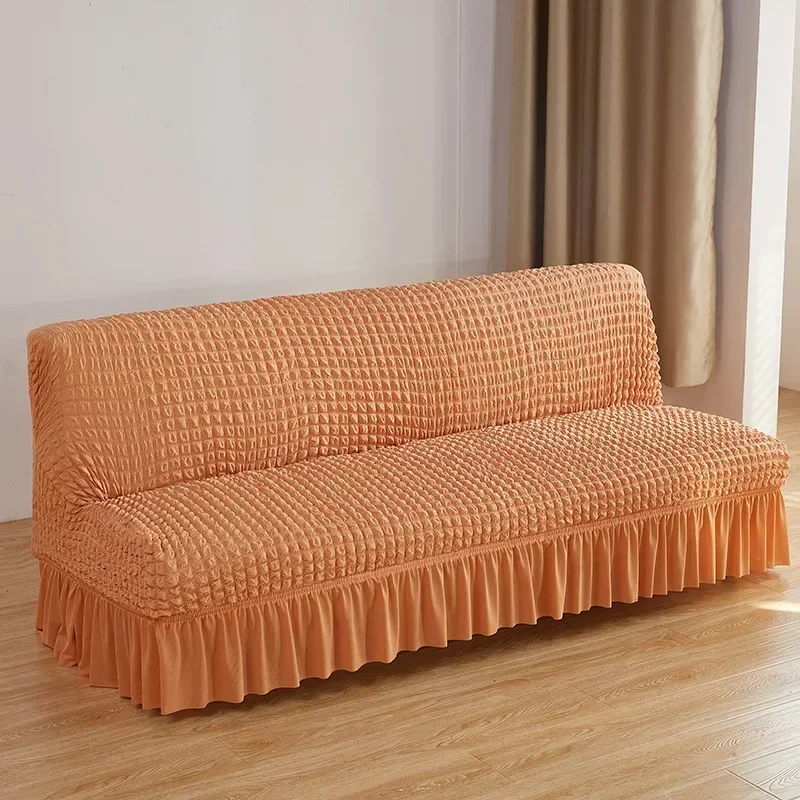 Bubble Gauze Armless Sofa Cover with Skirt Hem Nordic Elastic Solid Couch Covers Anti-Wear Furniture Protector for All Seasons