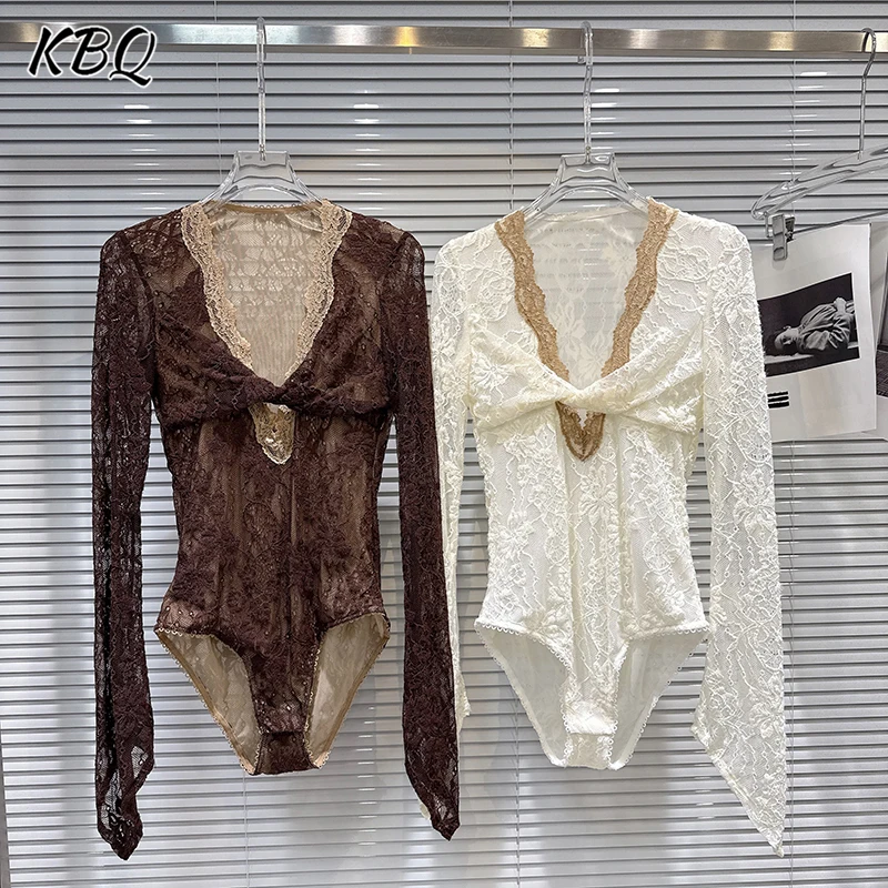 

KBQ Solid Slimming Temperament Slimming Bodysuit for Women V Neck Long Sleeve Minimalist Elegant Chic Bodysuits Female Fahsion