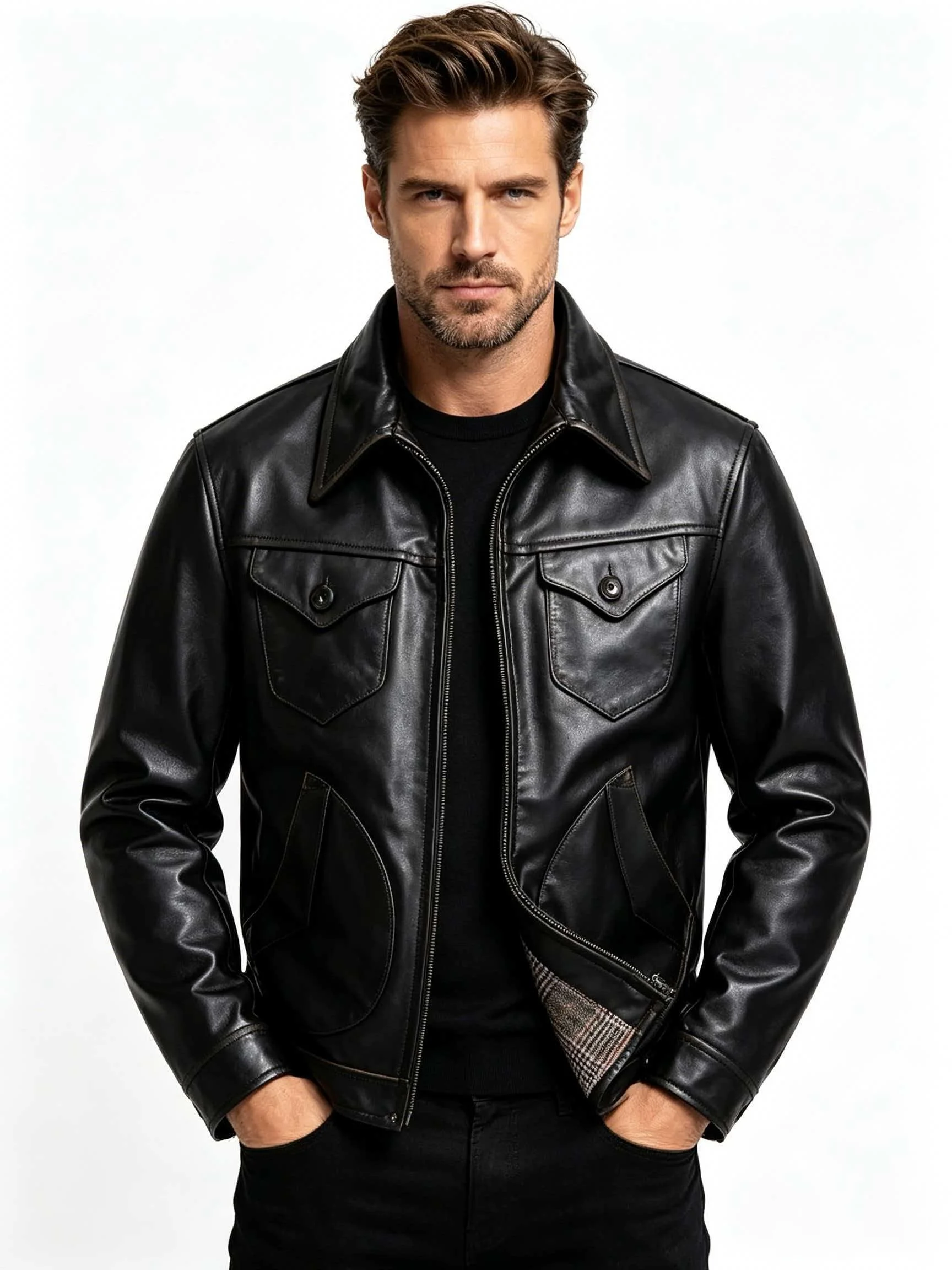Men Genuine Cowhide Leather Western Jacket Black Glossy Wax Finish Crescent Pockets Snap Flap Chest Pockets Plaid Lined Vintage