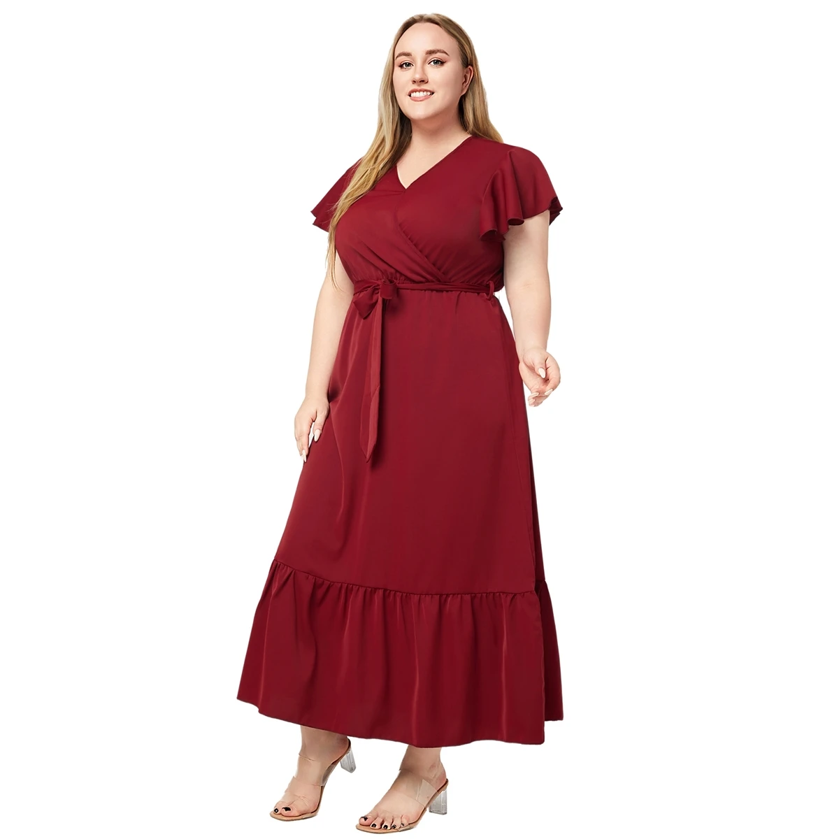 Plus Size letni nowy styl z krótkim rękawem dekolt w szpic w jednolitym kolorze eleganckie sukienki dla kobiet