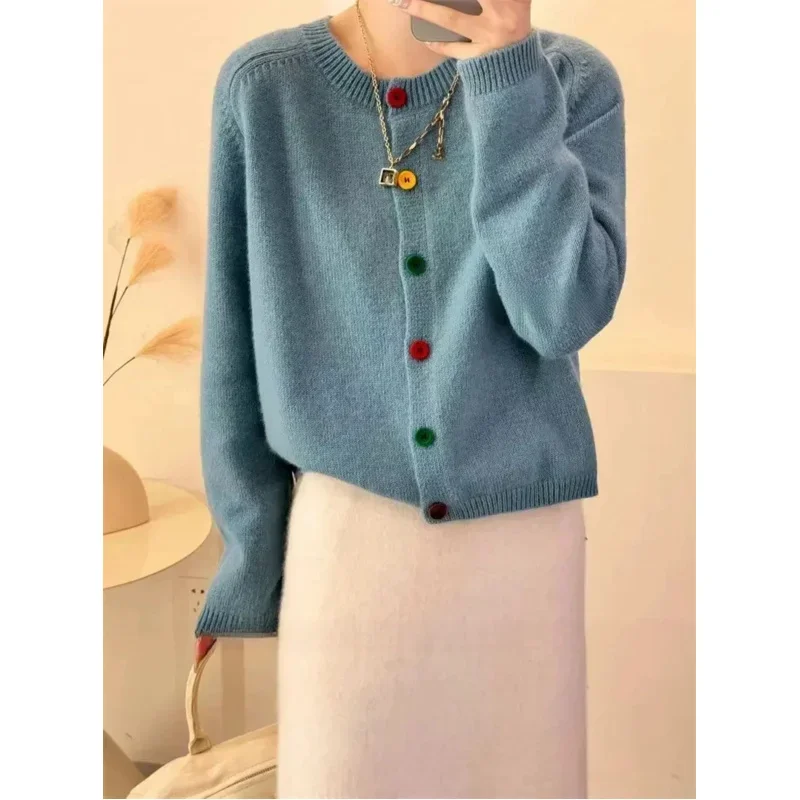 Japanese Sweet and Fresh Round Neck Colorful Button Knitwear Coat Academy Style Western Versatile Sweater Women\'s Cardigans