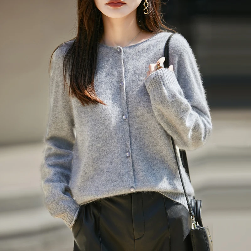 

Autumn Winter Fashion 100% Merino Wool Hoodie Women's O-Neck Cardigan Sweater Long Sleeve Warm Cashmere Korean Edition Top