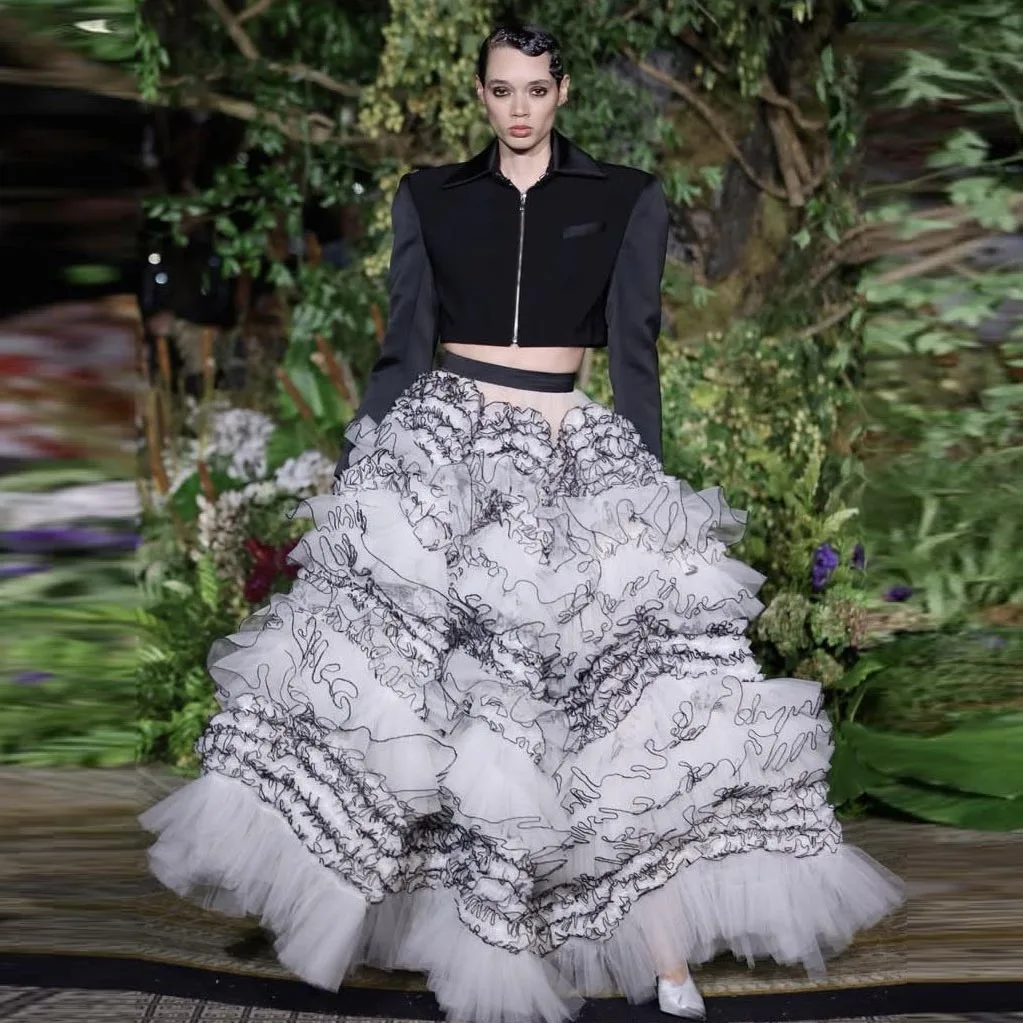 

Luxury Trimmed Long Skirts Womens Mesh Pleated Elastic Waistband Tutu Skirt Black White A Line Puffy Maxi Skirt Female