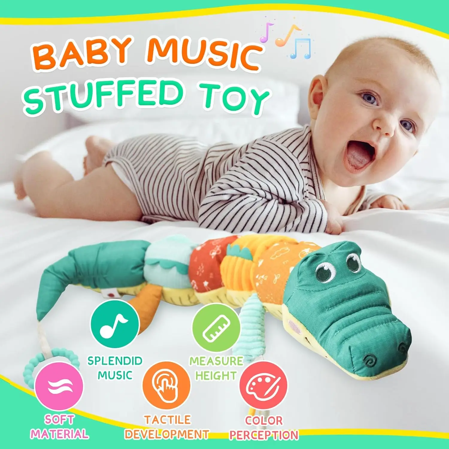 Crocodilo atividade brinquedos macios para o bebê, atividade multi-sensorial, chocalho dobra, bicho de pelúcia Musical, texturas bonitos