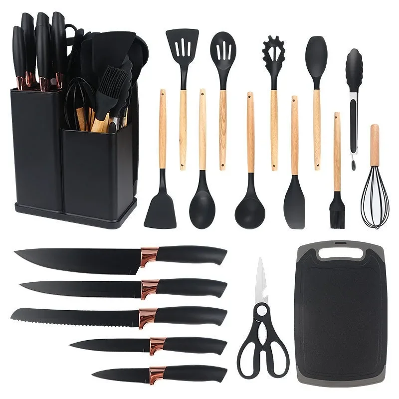 19pcs Kitchen Utensils And Knife Set, Silicone Cooking Utensils,Stainless Steel Chef Knives,Cutting Board,Kitchen Cooking Tools