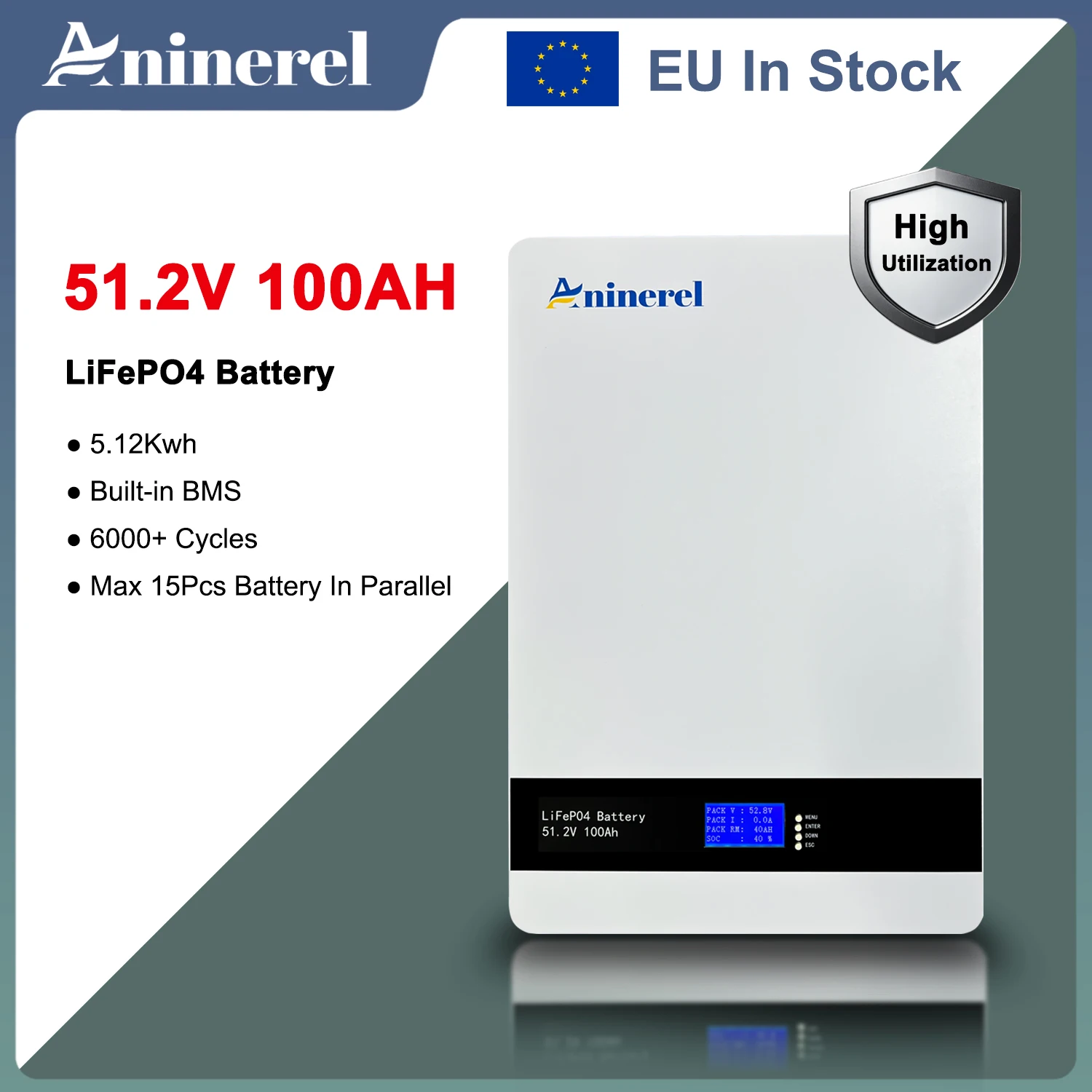 Batterie LiFePO4 Aninerel 51.2V 100AH 5.12Kwh 6000+ cycles avec protection BMS intégrée, stockage d'énergie domestique, batterie lithium, prise en charge de 15 parallèles, en stock UE