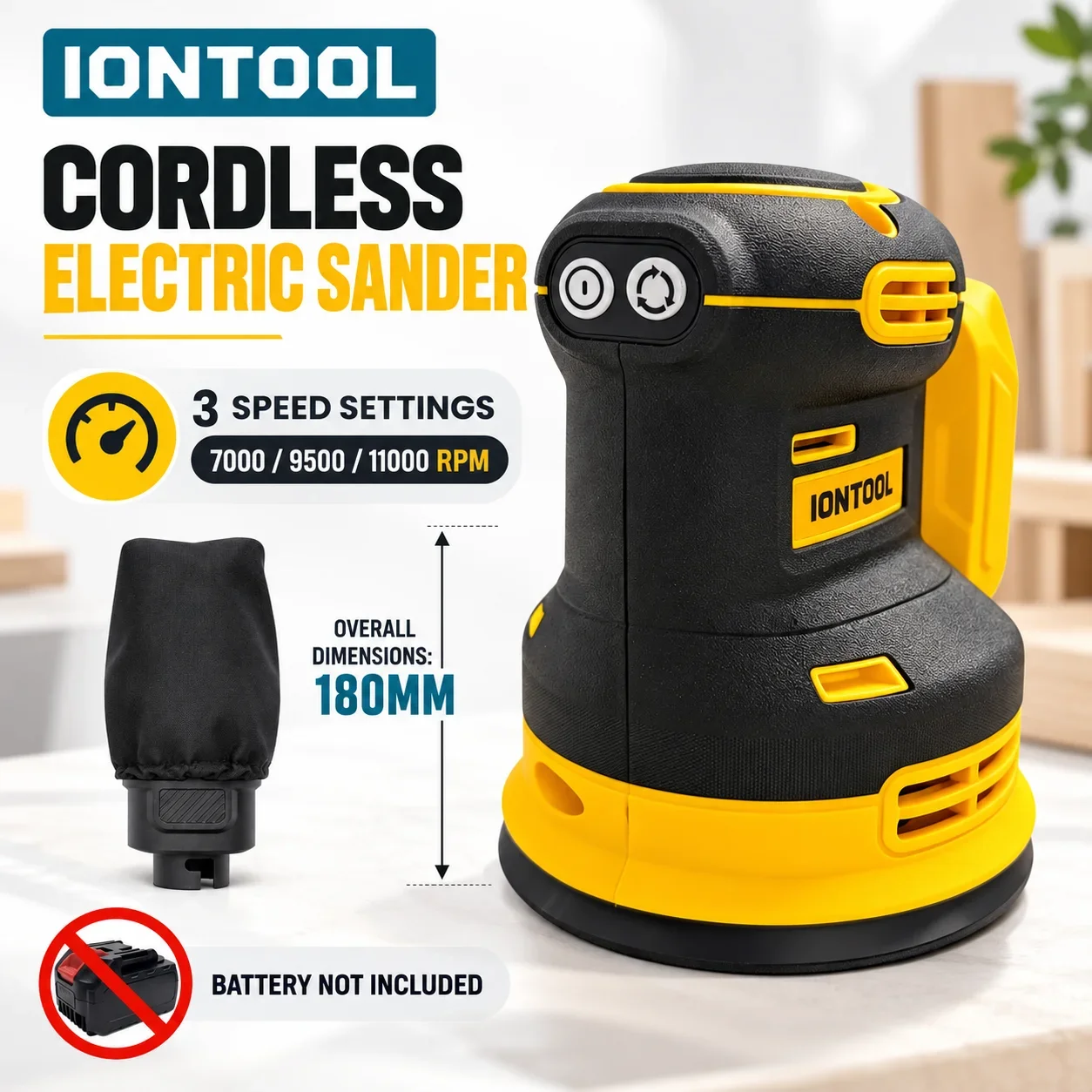 IONTOOL Yellow Cordless Sander 180mm For Wooden Cabinet Sanding and Door Edge Trimming and Surface Paint Removal and Refinishing