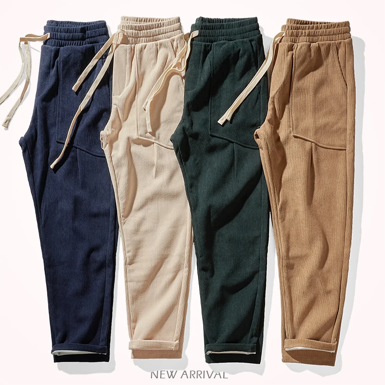 Autumn Winter New American Retro Heavyweight Corduroy Cargo Pants Men\'s Fashion Washed Loose Drawstring Sport Casual Trousers