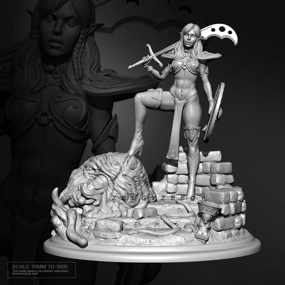 76mm Fantasy Female Greatsword Warrior Miniature Scale Unpainted Resin White Model Kit 3D Printed Figurine Decoration Craft view 2