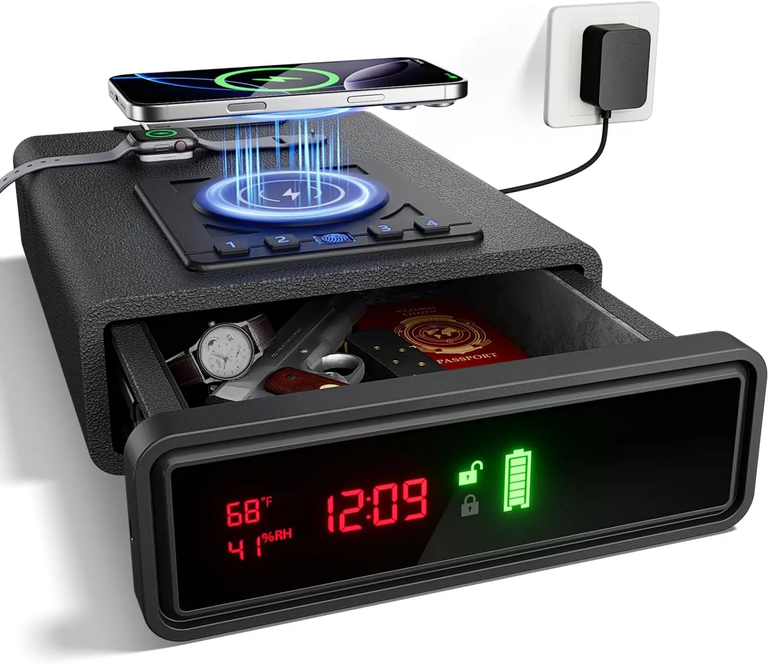 

Биометрический сейф для оружия с беспроводной зарядкой, цифровыми часами, замком по отпечатку пальца и быстрым доступом для безопасного хранения у кровати