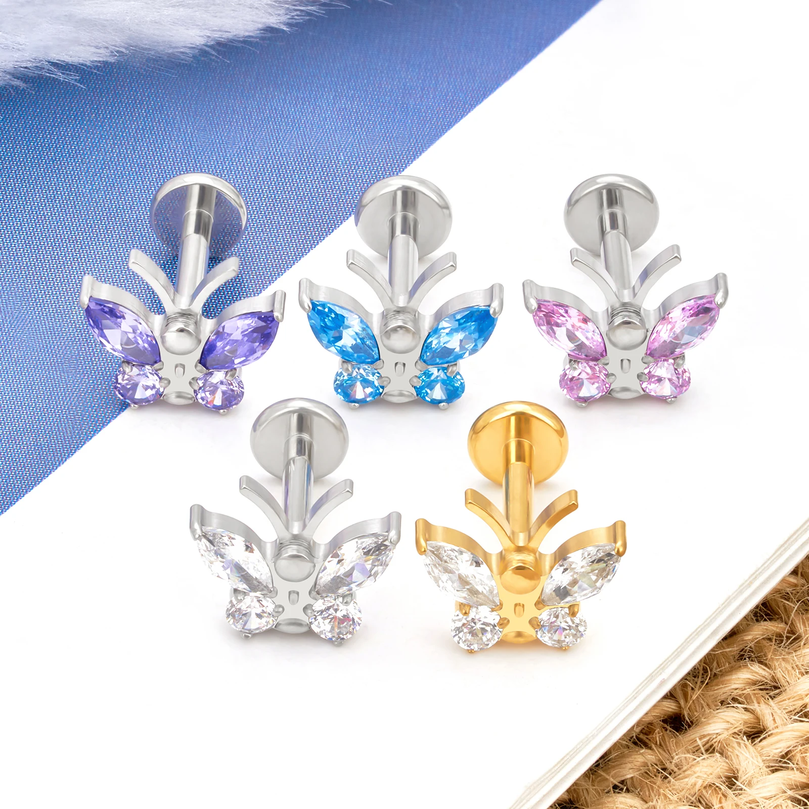 G23 Titanium Colorful CZ Butterfly Labret Lip Nose Stud Internal Thread Ear Cartilage Tragus Helix Lobe Piercing Body Jewelry