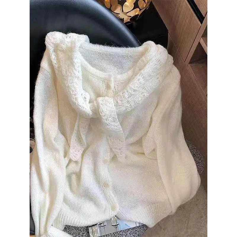 

Elegant White Knitted Shoulder Wrap Cardigan Women's Fashion Autumn Winter Lazy Style Age-Defying Sweater Gentle Wind Brand