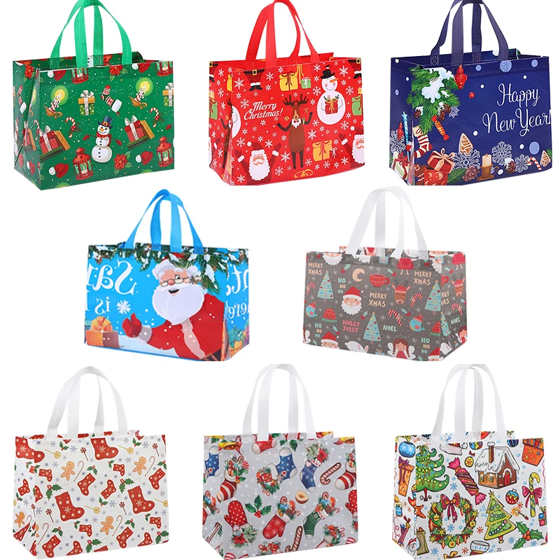 4/8pcs Christmas Tote Bags with Handles Xmas Non-Woven Gifts Bags Santa Snowman Treat Bags Navidad Party Decorations Natal Noel