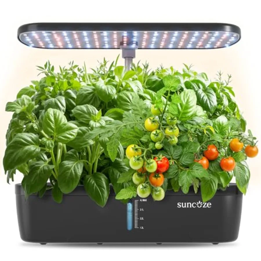 Hydroponics Growing System Kit 12 Pods for indoor herb gardening, black ABS plastic with visible water tank and pump, 20W LED g