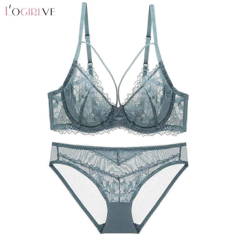 Logirlve New Ultra-thin Underwear Set Push-up Bra And Panty Sets Hollow Brassiere Gather Sexy Bra Plus Size Lace Lingerie Set