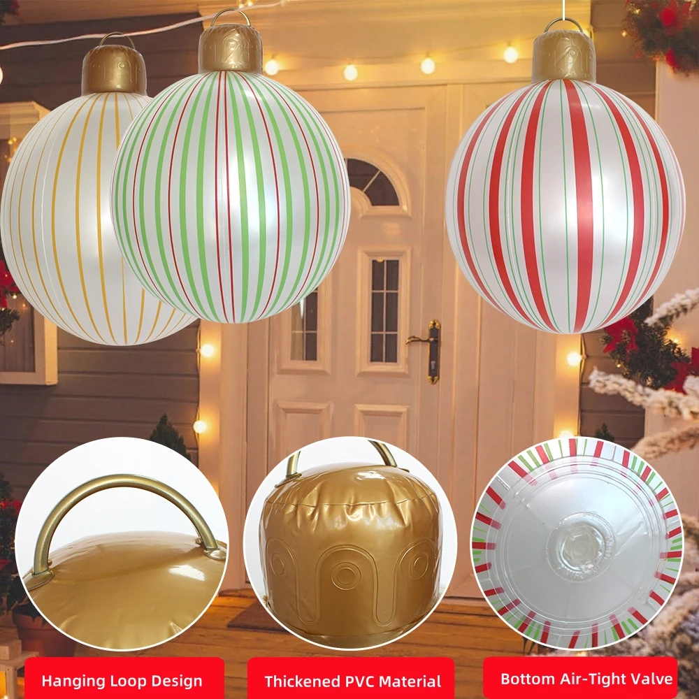 22-calowa gigantyczna nadmuchiwana bomba choinkowa, pogrubiona bomba choinkowa z PVC w paski, dekoracja świąteczna na zewnątrz, na podwórko.