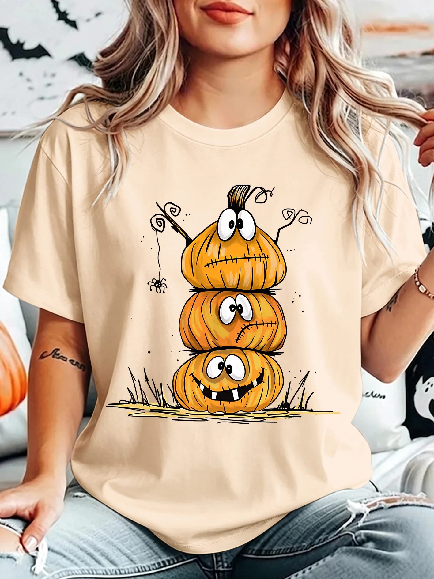 Stacked Funny Pumpkin Spider Crew Neck Short Sleeve T Shirt Cute Halloween Cartoon Graphic Tees Family Matching Daily Wear