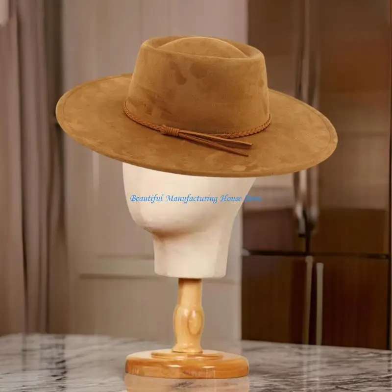 

E56A Elegant Homburg Hat with Braided Belt Flat Wide Brimmed Hat Surprise Gifts Hat for Vacation Photo Props