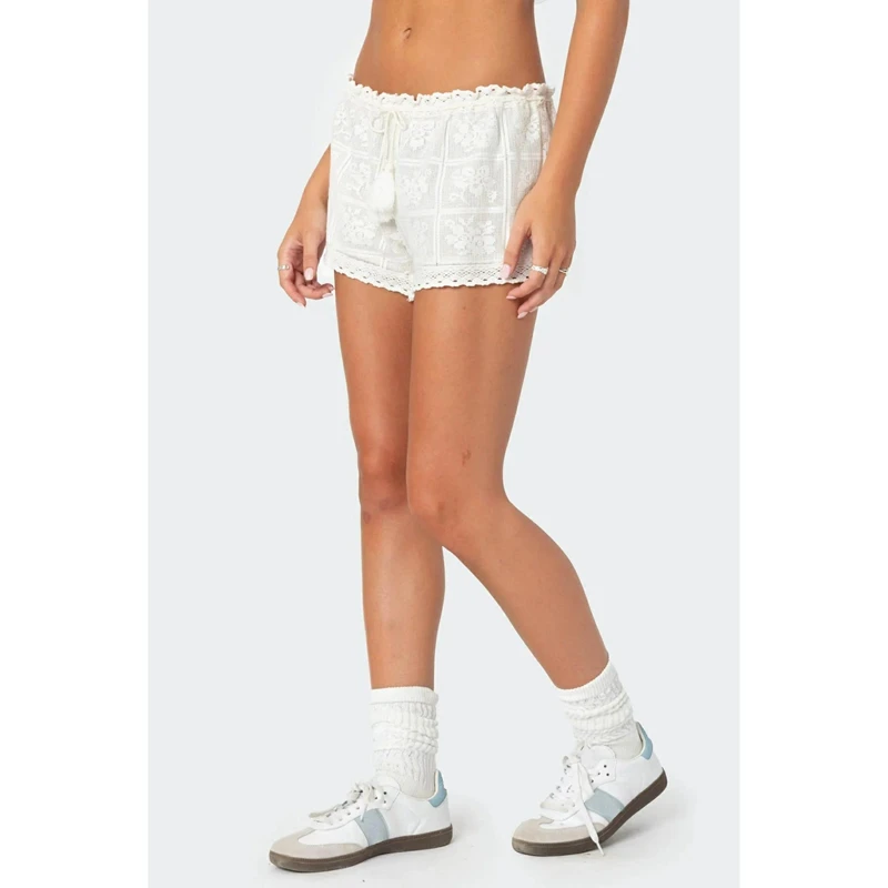 Damskie szorty patchworkowe z koronkowym wykończeniem w kwiaty, letnie, jednolite, w kwiaty i kratę, ze sznurkiem i frędzlami.